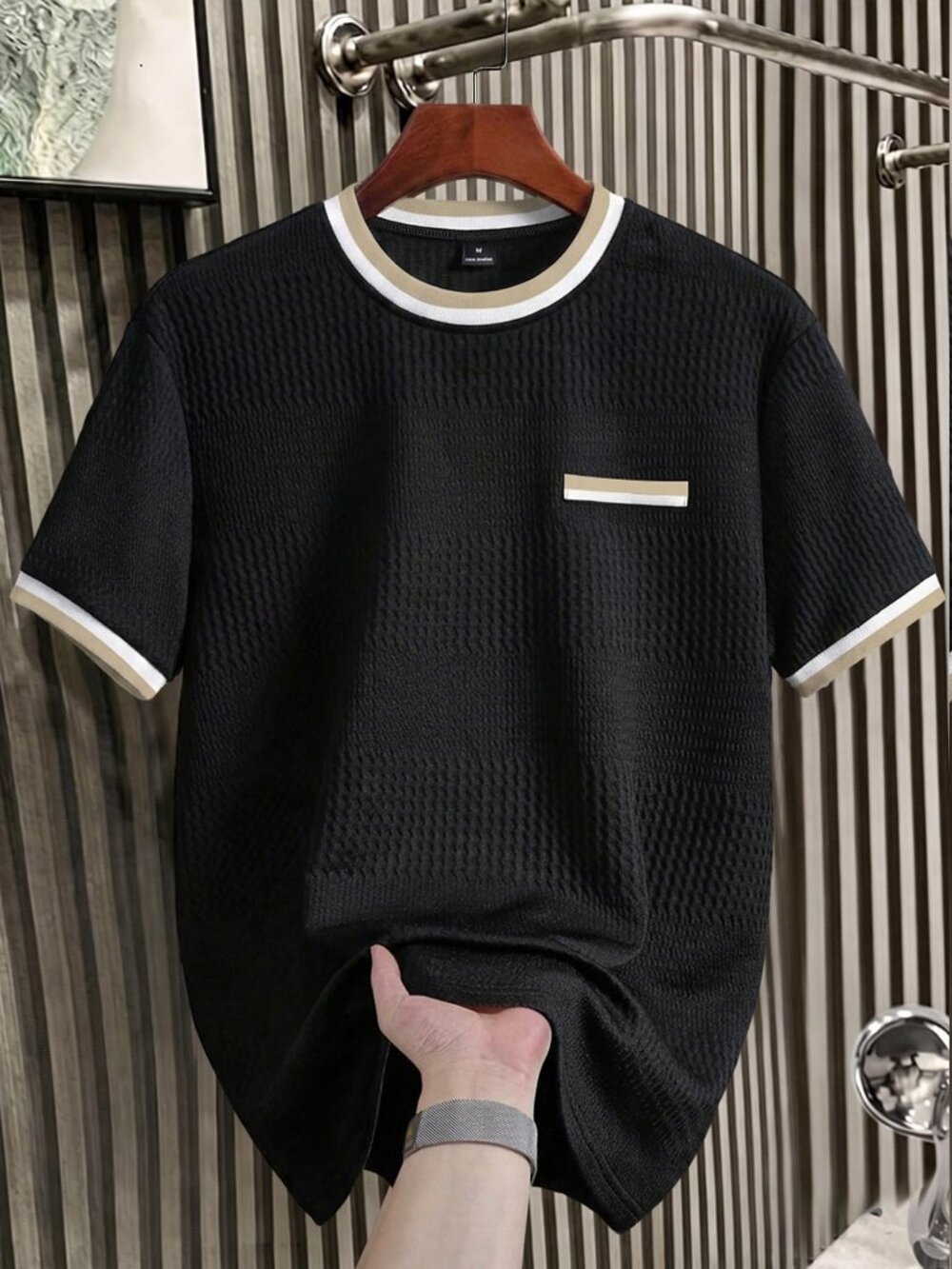 Black Casual Men's Knitted Jacquard Collar & Cuff Ribbed Sweater